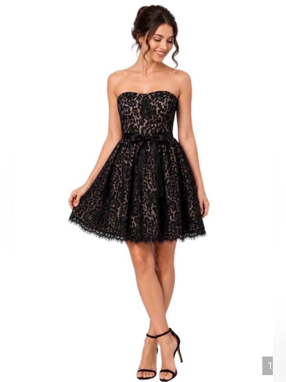 Robert Rodriguez Black Lace Strapless Fit-and-Flare Dress with Satin Bow